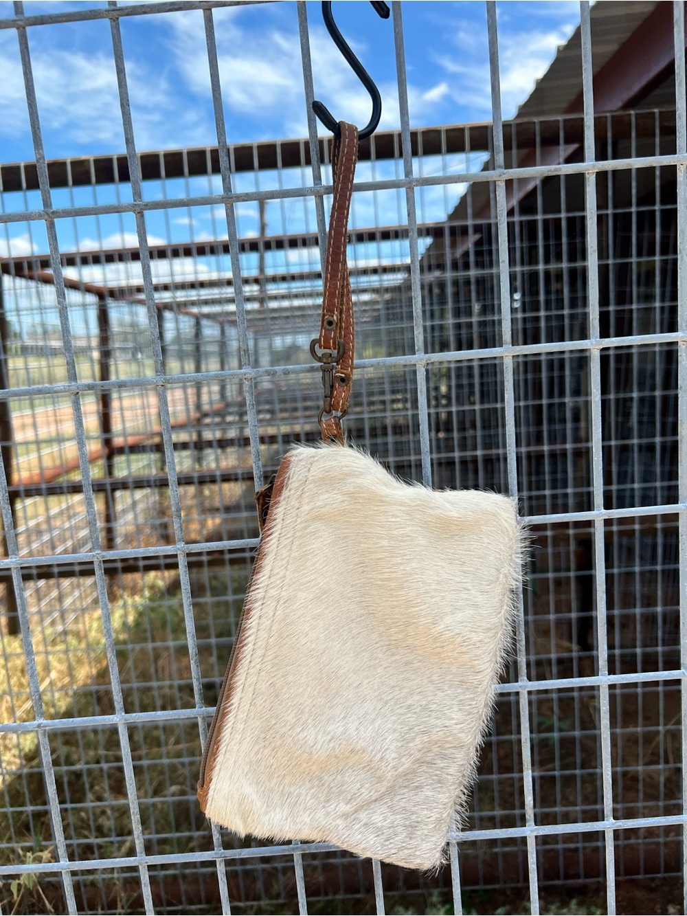 Myra Bag Cream Fur Accent Leather Wristlet